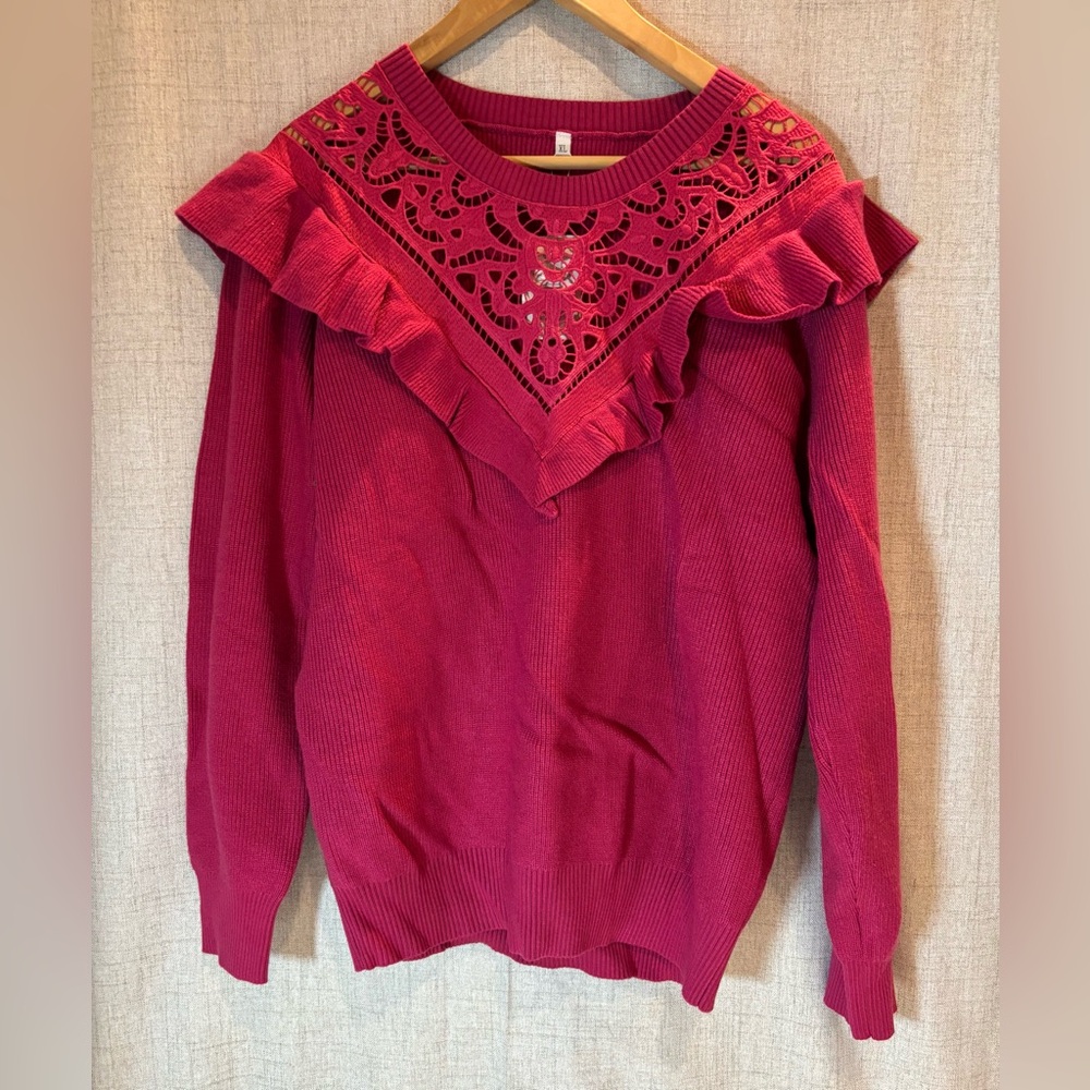 DEEP SELF new with tags magenta hot pink crochet ruffle neck sweater. NWT. XL.